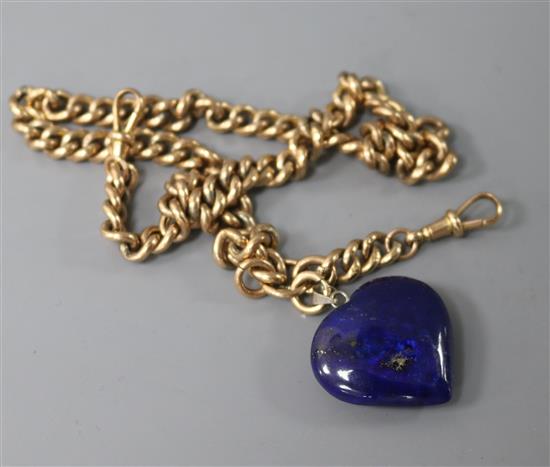 An Edwardian 9ct gold curb link albert and a lapis lazuli heart pendant, 20.4 grams.
